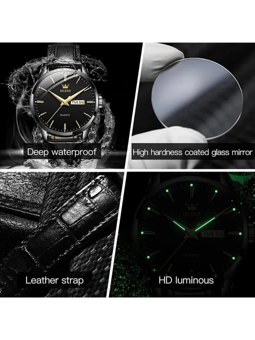 Men's All Black Fashion Quartz Leather Buckle Waterproof Luminous Round Watch